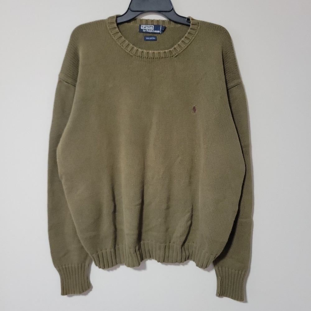 Vintage Polo Ralph Lauren Sweater Mens XL Olive Green Cotton Knit Crewneck Pony - Picture 2 of 6